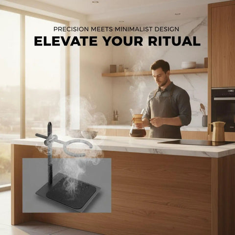 Hassle Free Pour Over Coffee Stand Featuring Adjustable Height Alloy Base With Non Slip Pad and Universal Round Ring for Hands Free Brewing on kitchen counter.