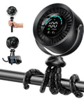 Portable Baby Stroller Clip Fan With 360 Degree Rotation, LED display, wrapped around bar, black silicone tripod, compact size