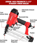 Pro Grade Pneumatic 16 Gauge Finish Nailer Kit with One Thousand Finish Nails Oil Free Design Depth Adjustment Dry Fire Lockout Straight Nail Gun shown with labeled parts including die cast aluminum body, overmold grip, and quick release nosepiece.