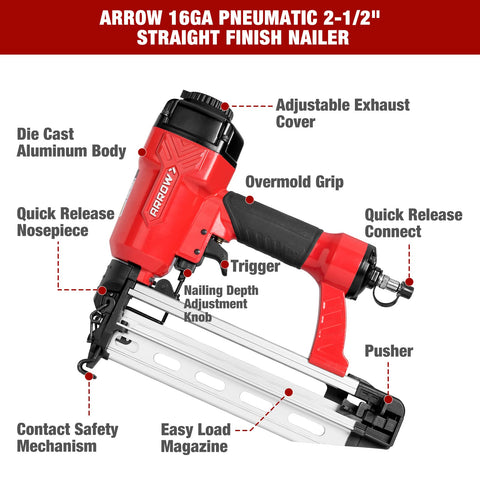 Pro Grade Pneumatic 16 Gauge Finish Nailer Kit with One Thousand Finish Nails Oil Free Design Depth Adjustment Dry Fire Lockout Straight Nail Gun shown with labeled parts including die cast aluminum body, overmold grip, and quick release nosepiece.