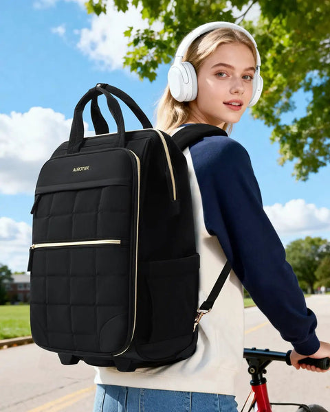 Woman with headphones biking wearing Puffer Backpack On Wheels For Women With Dual Opening Wheeled Laptop Travel Bag Water Resistant Underseat