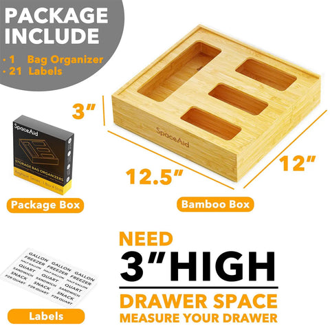 Durable Bamboo Bag Holder For Kitchen Drawer Fits Gallon Quart Sandwich Snack Bags Crushes Clutter And Keeps Your Pantry Slick And Super Hella Organized All Day - 12.5x12x3 inches