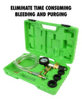Premium Coolant System Refiller Kit With Three Universal Adapters, green case with gauge and tubes for air purging.