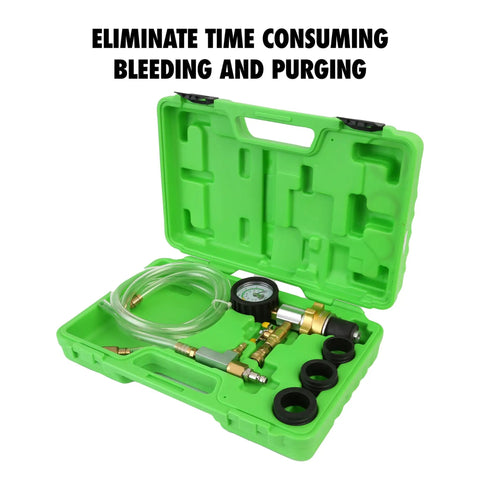 Premium Coolant System Refiller Kit With Three Universal Adapters, green case with gauge and tubes for air purging.
