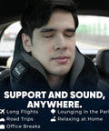 Man using Bluetooth Music Neck Pillow With Built In Speaker For Travel Sleep On Planes Trains Cars And Buses in navy blue