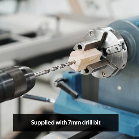 Close-up of 7mm drill bit in use with Pen Mandrel Bundle For Woodturning Lathe With Mandrel Saver, 2MT Taper, No Fuss Pen Making Kit.