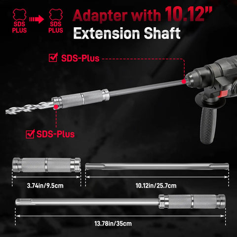 Built Tough Workhorse Sds Plus To Sds Plus Extension Shaft With 10 Inch Rotary Hammer Adapter showing detailed lengths and design.