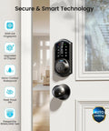 Badass 7 In 1 Fingerprint Smart Deadbolt Lock With App Control And Key Fobs In Sleek Matte Black mounted on a door.
