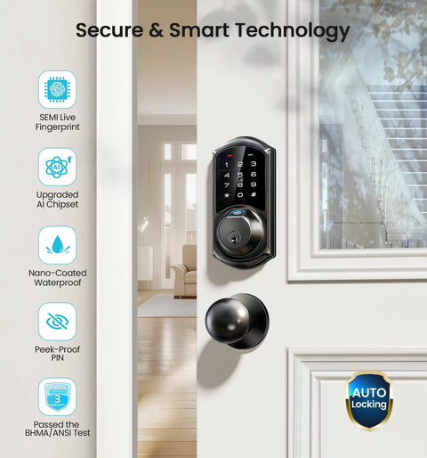 Badass 7 In 1 Fingerprint Smart Deadbolt Lock With App Control And Key Fobs In Sleek Matte Black mounted on a door.