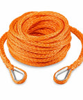 Three Eighths Inch Ninety Two Foot Synthetic Winch Extension Rope Orange For Off Road Recovery, Ultra High Molecular Weight Polyethylene, Minimal Stretch, Non Rotating, UV And Chemical Resistant, Heavy Duty Recovery Gear, orange rope with metal loops