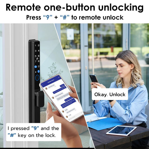 Slim Sliding Glass Door Lock With Biometric Fingerprint Remote App Control Keypad And RFID Access in use outdoors