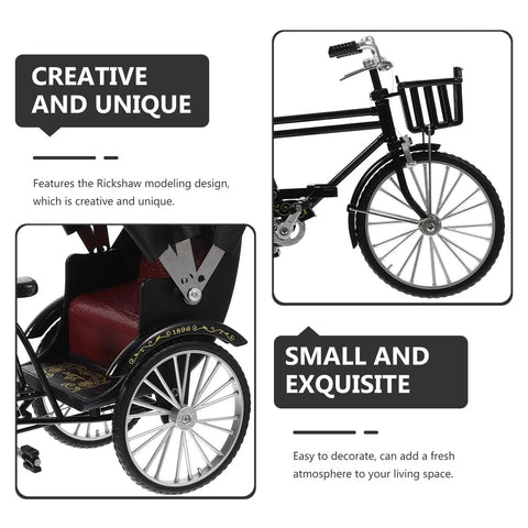 Absolutely Sweet Mini Motorcycle And Vintage Rickshaw Cake Topper With Detailed Metal Alloy Body showing detailed wheels and seating for decor.
