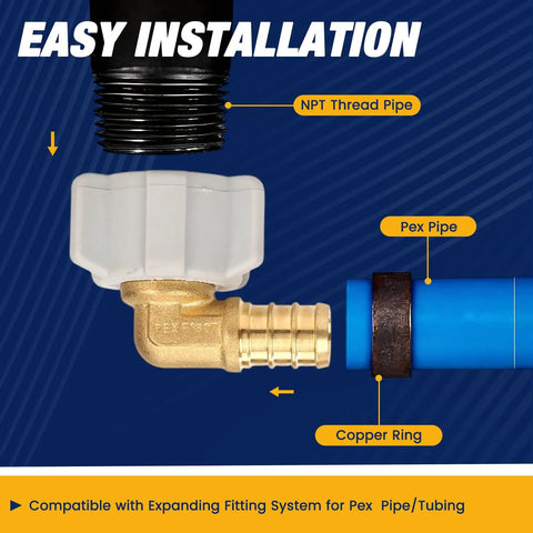 Ten Piece PEX Fittings Kit One Half Inch Female NPT Swivel Adapters, Ninety Degree Elbows, Barbed Crimp, Lead Free Brass, ASTM F1807 And NSF Certified, Leak-Proof Design For PEX Tubing. Brass elbow fitting with NPT thread, PEX pipe, and copper ring