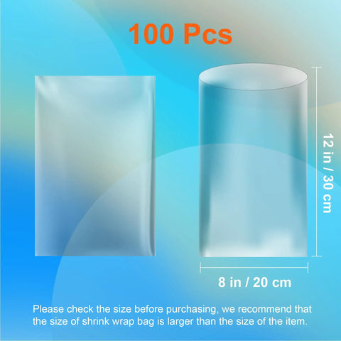 Crystal Clear 100 Count Heat Shrink Pouches shown in 8x12 in size for sealing soap, tumblers, jars, and crafts.