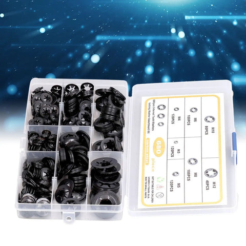 680 Piece Carbon Steel Locking Washers Assortment Kit Hella Rugged Shakeproof Internal Tooth Design For Rock Solid Fastening And Weekend Warrior Projects Includes M3 M4 M5 M6 M8 M10 M12 Metric Sizes in clear organizer box.