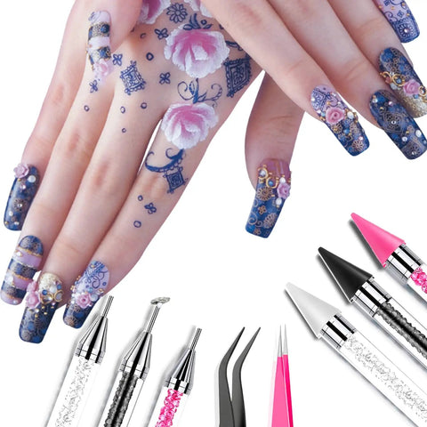 14 Piece Rhinestone Picker Kit Pro Grade With Dual Head Pens And Wax Tips for nail art with decorative nail design visible
