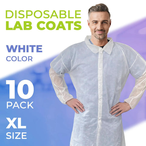 Man wearing White Disposable Lab Coats For Adults X Large Pack Of 10 Unisex Lab Gowns For Students SMS 40 GSM Protective Coat
