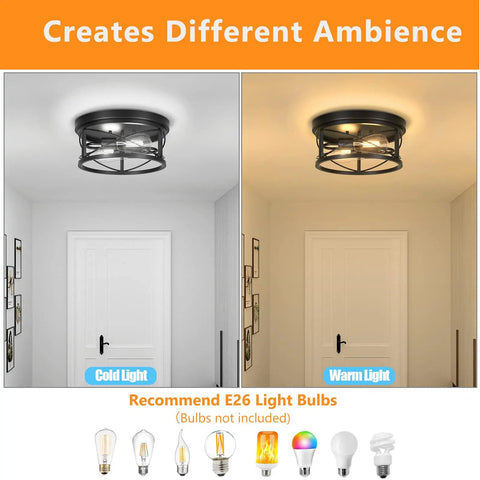Industrial Flush Mount Ceiling Light Black 2 Light Metal Cage Farmhouse Ceiling Fixture in cold and warm lighting