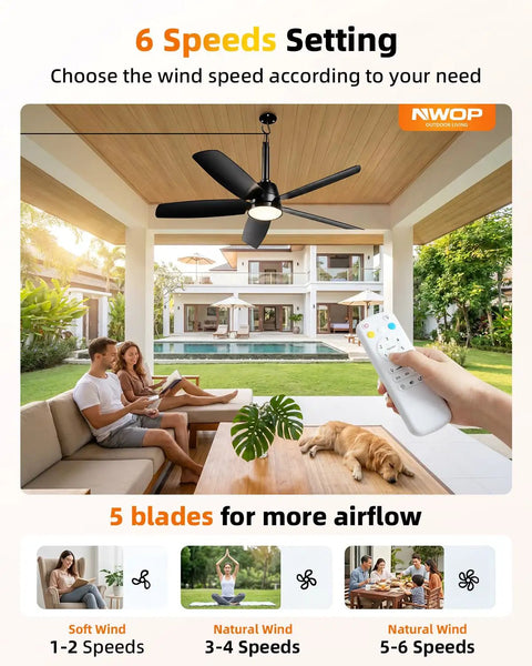 Person adjusting black 36 Inch Outdoor Ceiling Fan With Light And Remote, Wet Rated For Patios And Porches in living space