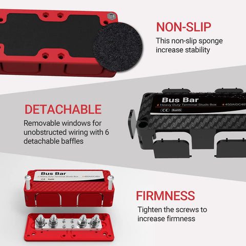 Kickass Heavy Duty 450A 48V DC Bus Bar Kit Two Pack Positive And Negative Power Distribution Blocks showing removable windows and non-slip sponge.