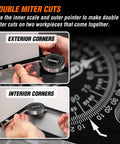 Pro Level 7.25 Inch Miter Saw Protractor CNC Machined Aluminum Alloy showing double miter cuts for interior and exterior corners.