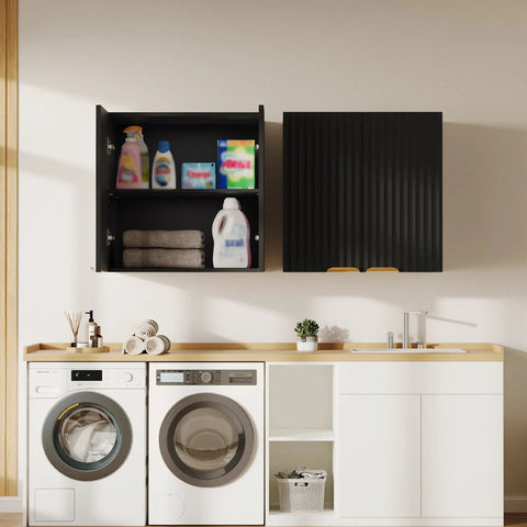 Slick Fluted Black Bathroom Wall Cabinet With Two Doors above washer and dryer setup in laundry room, doors open revealing shelves.