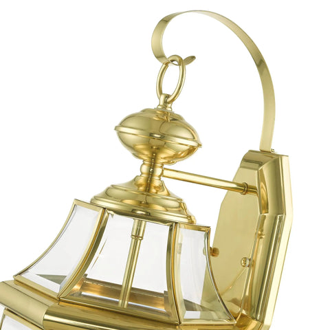 Close-up of Monterey Two Light Outdoor Wall Lantern in Polished Brass Finish, Handcrafted Solid Brass Construction With Clear Beveled Glass