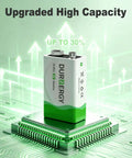Heavy Duty 9 Volt Alkaline Batteries 8 Pack With Ten Year Shelf Life Leak Proof Design on a circuit board background.