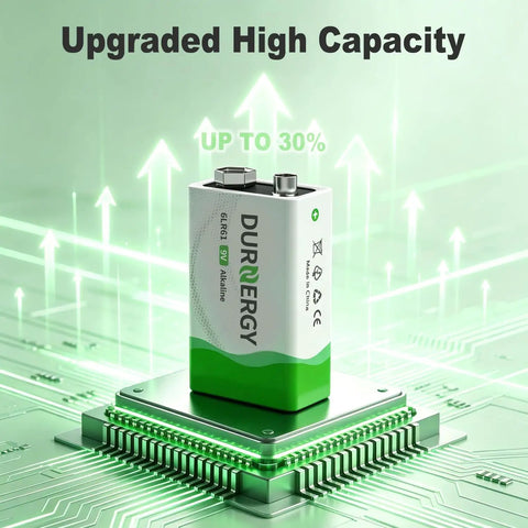 Heavy Duty 9 Volt Alkaline Batteries 8 Pack With Ten Year Shelf Life Leak Proof Design on a circuit board background.
