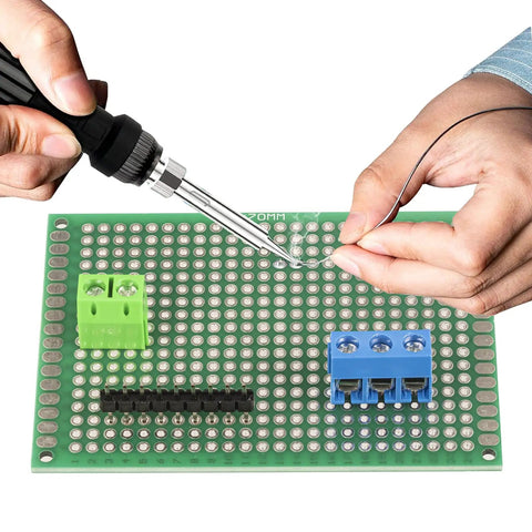 Soldering on Dope DIY PCB Prototype Kit With 58 Pieces In Six Sizes Double Sided Solder Boards 2.54mm 40 Pin Header Connectors