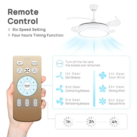 Remote control settings for retractable 36 inch ceiling fan with lights, showing speed and timing features. Industrial style, white.