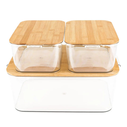 Clear PET Plastic Storage Bins With Removable Bamboo Lids And Grab Handles, Stackable Lidded Kitchen And Laundry Boxes, Set Of 3