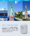 Type A Japan power adapter with compatibility list and images of landmarks from Japan, America, China, and Canada.