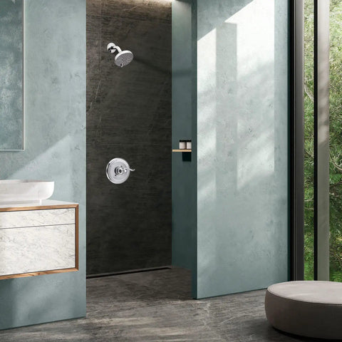 Modern bathroom with shower featuring Pressure Balancing Valve Trim Replacement for Windemere 14 Series Chrome Finish With Lever Style Handle