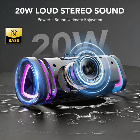 Portable Bluetooth Speaker With LED Light, Outdoor Waterproof Speaker shown with visual sound waves and vibrant LED lighting effect