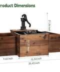 Outdoor Water Fountain With Wooden Barrel Style Floor Standing Rectangular Pump, product dimensions labeled, wooden design
