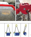 Heavy Duty 2200 Lbs Vertical Drum Lifter With Double Chains For Metal Barrels, showing a red clamp in use on a metal barrel.