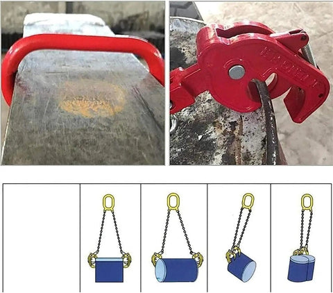 Heavy Duty 2200 Lbs Vertical Drum Lifter With Double Chains For Metal Barrels, showing a red clamp in use on a metal barrel.