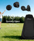 Easy Pop Up Shower Tent With Floor Portable Instant Changing Booth in use, shown by woman throwing it open in a field.