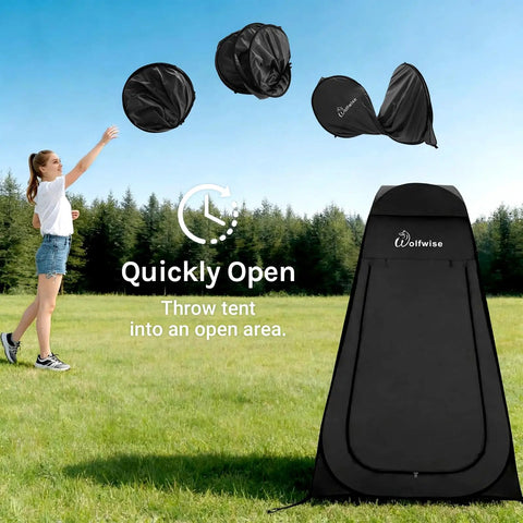 Easy Pop Up Shower Tent With Floor Portable Instant Changing Booth in use, shown by woman throwing it open in a field.