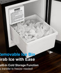 Open view of Drainless Under Counter Ice Maker 15 Inch Wide With 12 Lb Storage Crescent Ice No Drain Needed showing ice bin.