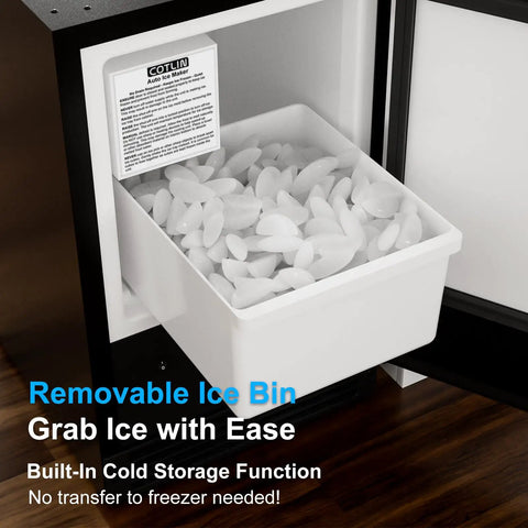 Open view of Drainless Under Counter Ice Maker 15 Inch Wide With 12 Lb Storage Crescent Ice No Drain Needed showing ice bin.