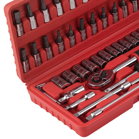 Open 46-piece tool kit with ratchet sockets, One Quarter Drive 46 Piece Carbon Steel Ratchet Socket Set Wrench Tool Kit Bits For Home Garage And DIY Car Repairs, Pro Grade Magnetic Tray, SAE And Metric Sockets, Ratchet Handle, Extension, And Quick Release Bits.
