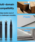 DKIBITH deburring tool set with three black knurled handles and assorted blades for burr removal on wood, plastic, metal
