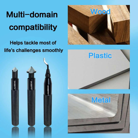 DKIBITH deburring tool set with three black knurled handles and assorted blades for burr removal on wood, plastic, metal