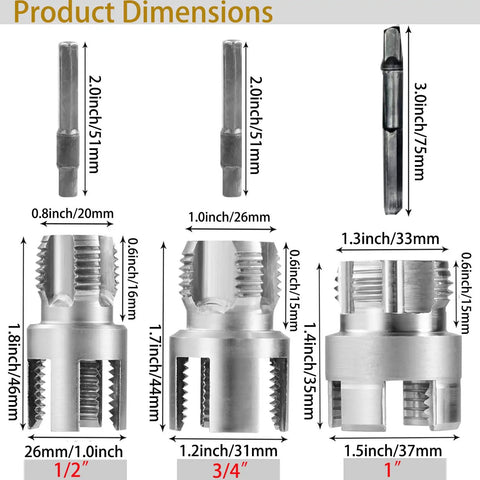 Get Ready To Tackle Plumbing Projects Like A Boss With This Complete 3 Piece Pvc Pipe Threading Tool Kit Includes Internal External Threader For 1/2 Inch 3/4 Inch 1 In Plastic Pipes Plus Work Gloves And Teflon Tape Diy Friendly Drill Compatible Setup showing dimensions and sizes of piping threaders.