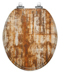 Round Grunge Rusty Effect Wood Toilet Seat with rustic finish and chrome hinges, top view showcasing design details.