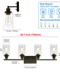 Set of 4 Oil Rubbed Bronze Wall Sconces With Clear Glass Cylinders, dimensions and bulb specifications displayed.