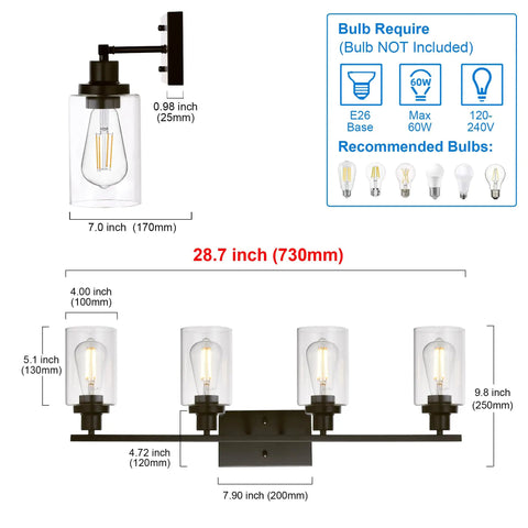 Set of 4 Oil Rubbed Bronze Wall Sconces With Clear Glass Cylinders, dimensions and bulb specifications displayed.