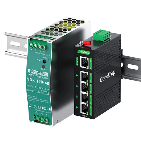 Industrial 5 Port Gigabit PoE++ Switch With 120W Total Budget, Four PoE Ports Up To 90W Each, Power Supply Included, DIN Rail Mount